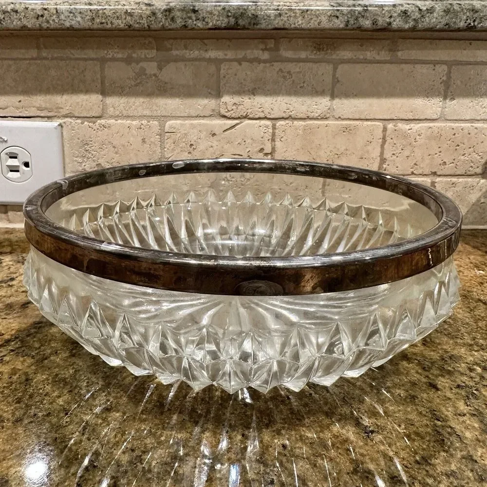 Vintage Crystal Candy Dish 8 Inch Fruit Bowl‎ Silverplate Rim Radiating MCM